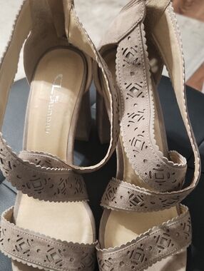 CL by Laundry Taupe Laser-Cut Scalloped Block Heel Sandals